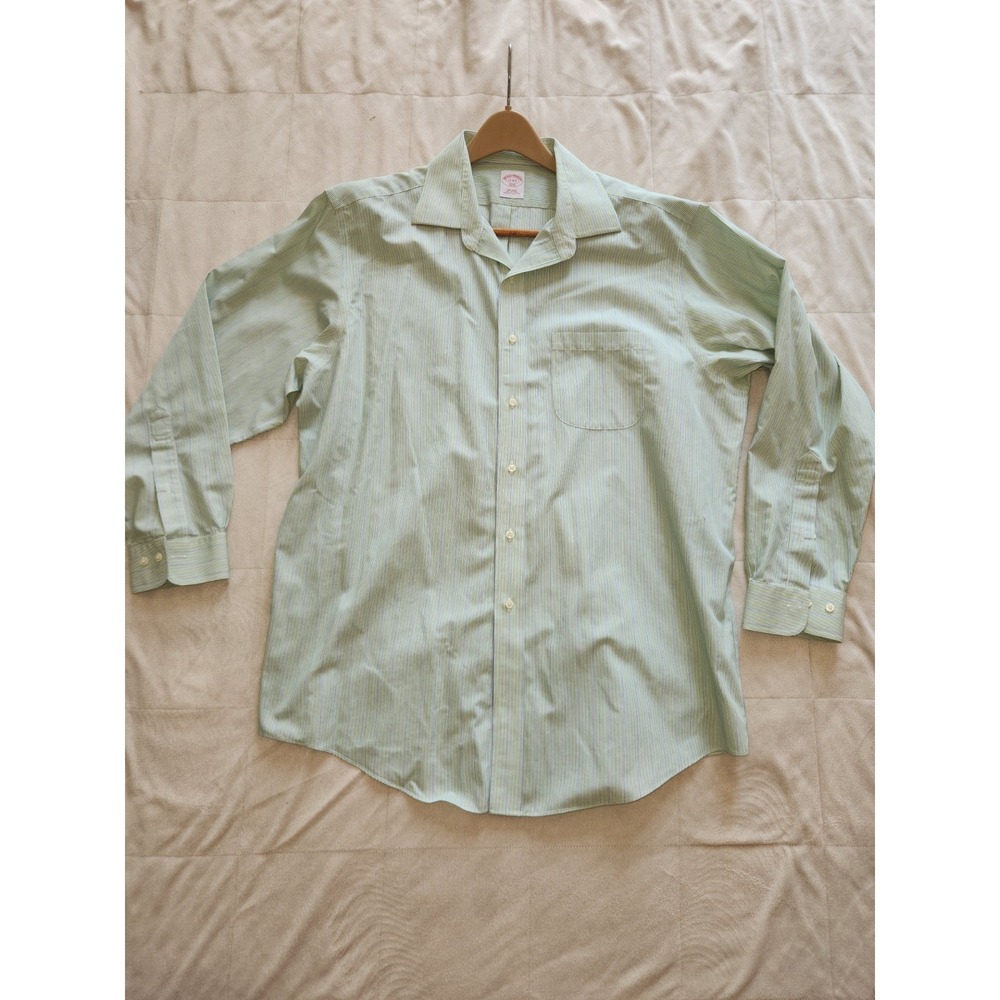 Brooks Brothers 346 Men's Non-Iron Dress Shirt 17 4/5 Green Blue Stripe L/S